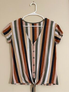 American Eagle Outfitters Striped Button-Front Tie Hem Top - Multi
